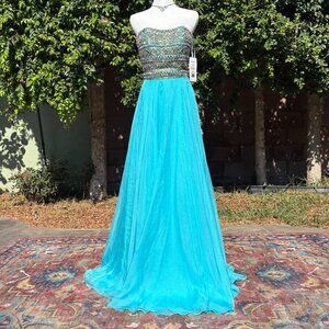 NWT Sherri Hill Beaded Strapless Gown | Size 6 Aqua Blue Formal Evening Dress